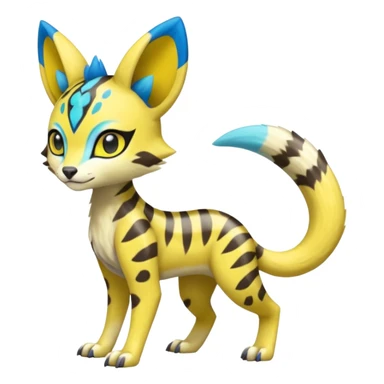 Colorful Yellow Meloetta-Sergal-Genet-Pokémon-Digimon-Fakémon-fusion-hybrid-creature with Cyan stripes and blue leopard-spot-markings  sticker