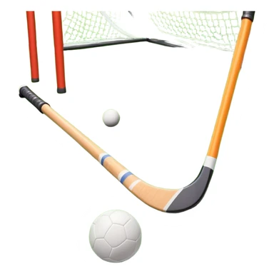 A field hockey stick and ball resting on a well-maintained green grass field, with the goalposts and markings visible in the background. The scene highlights the precision and focus of the sport, with the vibrant green pitch creating a dynamic atmosphere. sticker