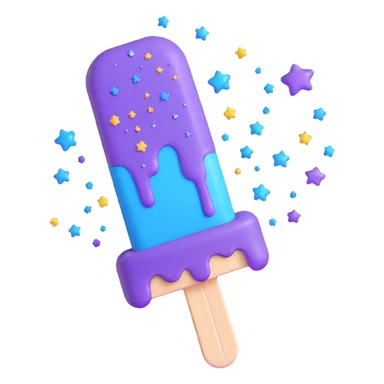 A 3D iOS style emoji of a melting popsicle with a purple and blue color scheme, surrounded by stars and sparkles. sticker
