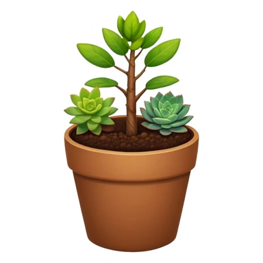 Close-up of a potted sapling in rich soil surrounded by vibrant plants and succulents. Bright sunlight filters through the window, casting soft shadows. Nearby gardening tools rest on a wooden table. Cozy indoor atmosphere with greenery and flowers. sticker