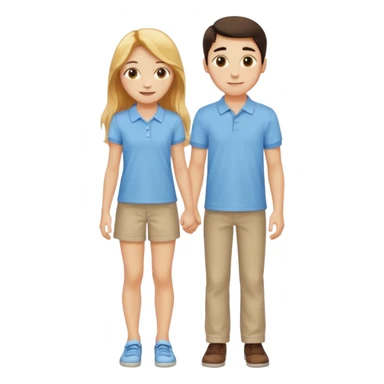 full-length happy couple, girl with long golden hair and hazel eyes in summer outfit, boy with dark hair in light blue polo sticker