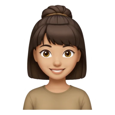 In Apple Memoji format, a girl with dark brown hair. She has bangs and her hair is in a singular high bun. The girl is arab and has light brown skin. She is wearing a brown shirt. She is smiling but is not showing her teeth.  sticker