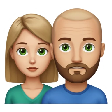Man on left with shaved head with dark blonde beard and blue eyes, woman on the right with long dark brown hair green eyes  sticker