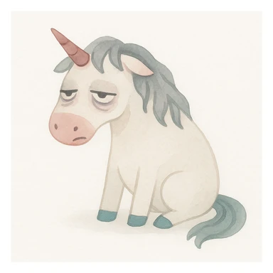 a disgusting, rumpled unicorn with bags under his eyes and a drooping horn, in a painterly style sticker