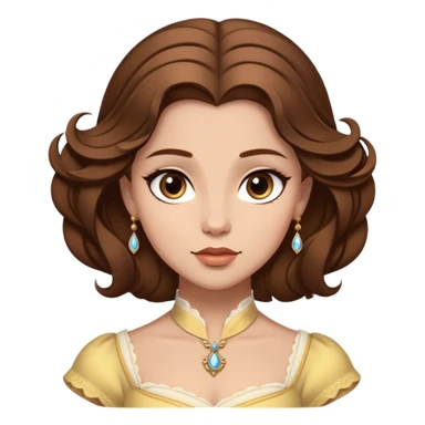 Cinematic Realistic Belle Portrait, depicted with lifelike skin texture, soft natural lighting, and intricately detailed brown hair styled elegantly. Her deep, expressive eyes exude warmth and intelligence, complemented by a serene and graceful expression. She is dressed in her classic attire, with rich fabric textures and delicate folds that catch the light beautifully. The portrait features a soft, enchanting glow with a natural, radiant finish, capturing the essence of timeless beauty in a realistic and painterly style, evoking a sense of depth and authenticity. sticker