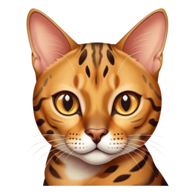 Cinematic Bengal Cat Portrait Emoji, Elegant and striking, sleek spotted brown and gold tones, Simplified yet sharp features, highly detailed, glowing with a warm, confident glow, high shine, playful and curious, stylized with an air of grace, focused and attentive, soft glowing outline, capturing the essence of agility and confidence, so lifelike it feels as though it could spring into motion at any moment! sticker