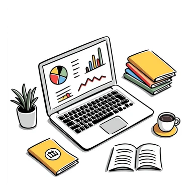 Academic research workspace with an open laptop showing data, scattered books and papers, and a pie chart and line graph. Hand-drawn doodle style with colorful data visualizations and book covers. sticker