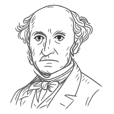 a hand drawn black outline portrait of philosopher John Stuart Mill with similar-sized eyes based a famous portrait of him sticker