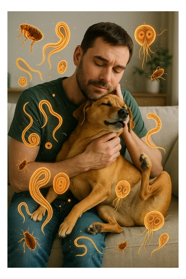 "Man cuddling with his beloved dog on couch, unaware that fleas, ticks, and worms are jumping from pet's fur onto his clothing, microscopic visualization showing roundworms, hookworms, and giardia transferring between species, expression of loving pet owner ignorant of health risks, living room becoming cross-contamination zone, pet's scratching and licking spreading parasites to human environment" in italiano sticker