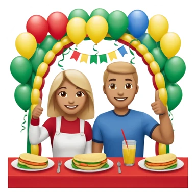 party table decorated with green red and  yellow colors, including a backdrops, balloons arch, streamers and more. On the table are intricate displays of colombian arepas, and baskets of money. In the forefront is a woman and man in simple clothing, big smiles and big thumbs up sticker