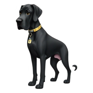 An all black great dane wearing a collar with number 17 sticker