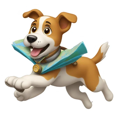 dog running and holding a map and compass sticker
