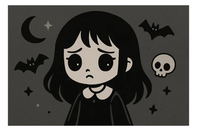 Remove any text from the goth banner, keep it cute, expressive, minimal, in the style of imagen-4-fast-KaUtLiSA10F. Maintain the goth banner's cute and minimal expressive style without text. sticker