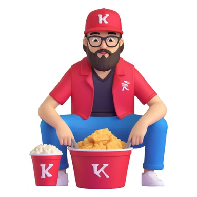 BBNO$ rapper sitting in a KFC bucket, glasses, beard, snapback cap sticker