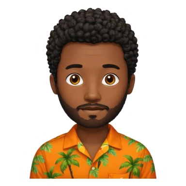 create an emoji of a man but with very very short curly black hair, dark skin, dark brown eyes and a short beard without a moustache and an orange and tropical shirt sticker