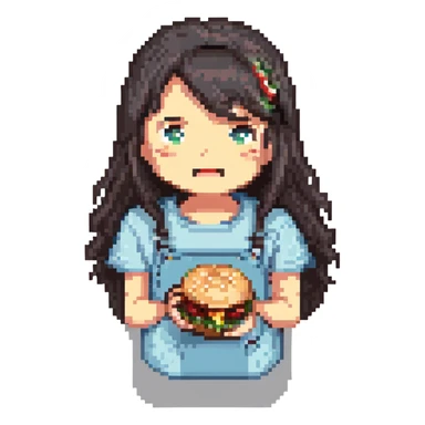 a girl with dark hair eating a burger, pixel art style sticker
