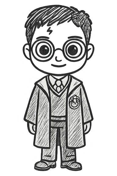 Create a full body standing Harry Potter wearing the traditional Gryffindor uniform, with round glasses, a scar on the forehead, and large eyes. The character should exactly match the height, proportion, pose, head size, torso, legs, arms, and style of the glasses-wearing character in the provided reference image. The result must be identical in proportion and style to the glasses character in the reference. sticker