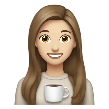 smiling woman pale skin middle brown long straight hair with a closed laptop and a coffee mug wearing a white woolly shirt having in a snowstorm sticker