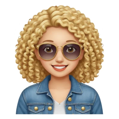 young fashionable woman, curly blonde hair, denim jacket, sunglasses, cheerful expression sticker