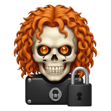 cinematic realistic Megadeth iconic skull mascot with a padlock on his mouth, orange curly huge hair sticker
