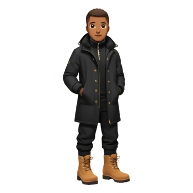 Handsome Black grown man with brown skin tone, wearing black joggers, a black weather coat, and buckwheat timberland boots, and black gloves sticker