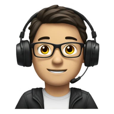 white boy with dark hair and glasses wearing gaming headset and sitting at desk on desktop computer   sticker