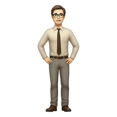 Full height Actively gesturing with hands Pale skinned fit man with dark brown hair in gray jacket, beige office shirt, brown tie, brown pants and vintage glasses. sticker