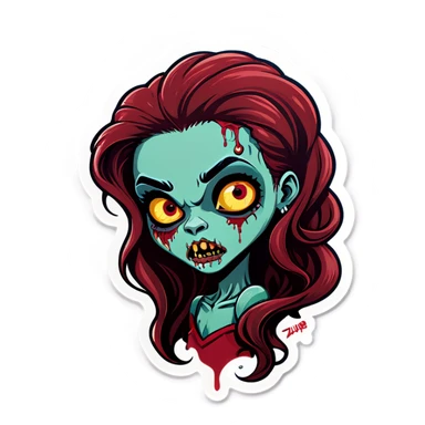 Curled long hair dark red girl zumbi sticker