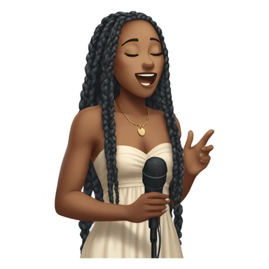 attractive young black woman with her eyes closed with long box braids, flowy dress singing with a mic sticker