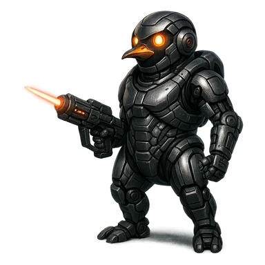 a penguin as a space soldier and cyborg, metallic body parts, glowing eyes, holding a laser weapon sticker