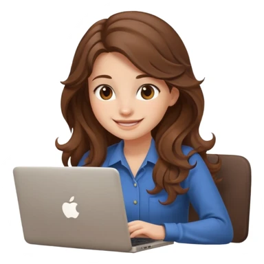 Sitting in front of a laptop in the style of a cute female developer. No glasses, long hair waves and smiling. sticker