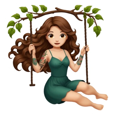 ccute woman long wavy brown hair tattoos swinging on vine sticker