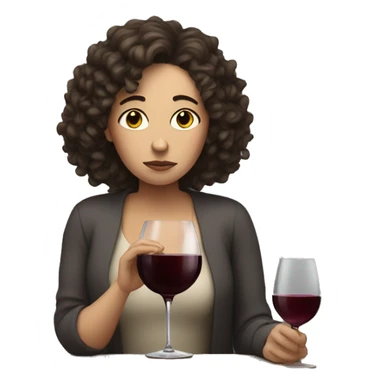 Sad White Woman with curly dark brown hair drinking wine sticker