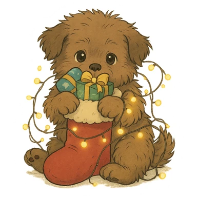 a fluffy brown puppy holding a Christmas stocking full of gifts and tangled in fairy lights, Ghibli style sticker