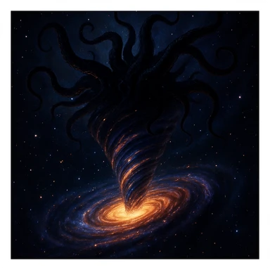 A galactic vortex shaped like a tornado, with dark, twisting tentacles of an ancient cosmic entity reaching out from the top, set against a starry background sticker