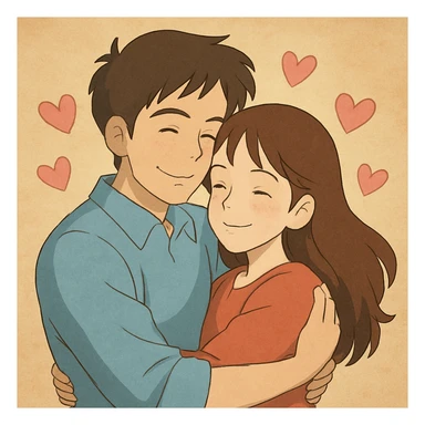 Transform this man and woman into a loving couple in Ghibli style, hugging with hearts around them sticker