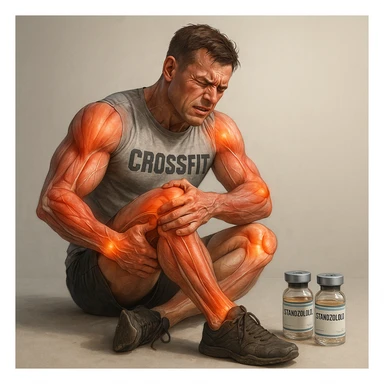 realistic and anatomical crossfit athlete with joint problems all over the body, detailed muscles and joints, pained expression, vials of 'Stanozololo' nearby, natural light, neutral background sticker