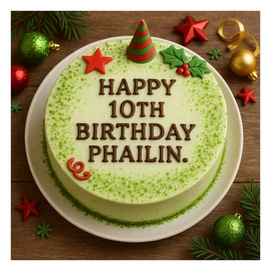A round matcha white chocolate cake with green sprinkles, cake on a plate, festive decorations, clear and colorful, 'Happy 10th Birthday Phailin.' written in bold letters on the cake. sticker