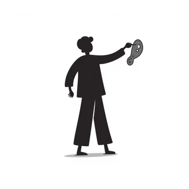 A paintbrush morphing into a metal human figure silhouette, representing artistic identity sticker