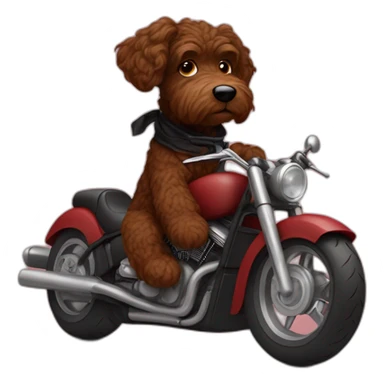 A chocolate brown doodle with wavy fur wearing a red and black handkerchief riding a motorcycle sticker