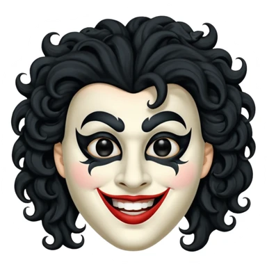 generate theatre mask emoji with a big curly black hair 

wide black smile, long and pointy white nose, pitch black eyes sticker
