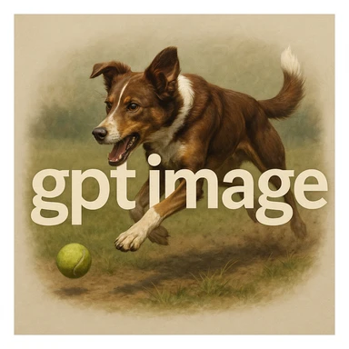  logo with text "gpt image" on the background of a dog chasing ball, realistic image sticker