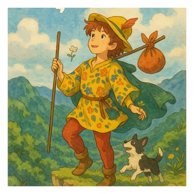 The Fool tarot card, detailed illustration, ghibli style, no text sticker