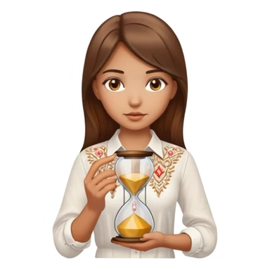 A Ukrainian girl with brown hair wearing a white embroidered shirt holds an hourglass in her hands sticker