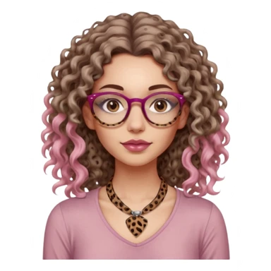 a gray eyed woman with light brunette long curly hair, full lips, pink soft blush and pale skin with leopard printed thin round-ish glasses wearing a silky brown top, a neck tatto that is in the middle of the neck so tiny saying before sunrise in a dactilo font. sticker