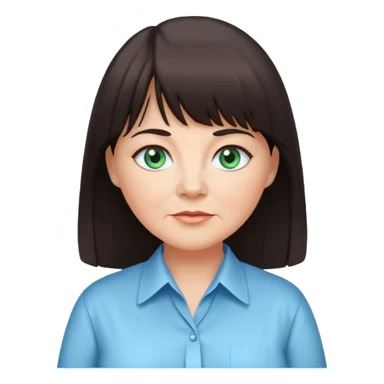 60 yr old woman, blue green eyes, long straight dark brown hair, business shirt, chubby, bangs sticker
