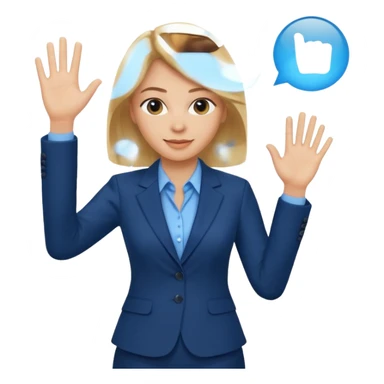 Make emoji of business woman with light skin and medium blonde hair in a dark blue business suit and light blue shirt waiving to new clients sticker