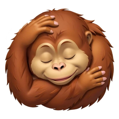 Meme-Worthy cute Sleeping Orangutan Portrait Emoji, Head resting peacefully with a contented smile, showcasing luxuriously soft fur and eyes gently closed in serene slumber, Simplified yet comically adorable features, highly detailed, glowing with a soft, drowsy jungle light, high shine, relaxed and utterly lovable, stylized with an air of playful laziness, bright and heartwarming, soft glowing outline, capturing the essence of a sleeping orangutan that feels destined to become the next viral icon of adorable rest! sticker