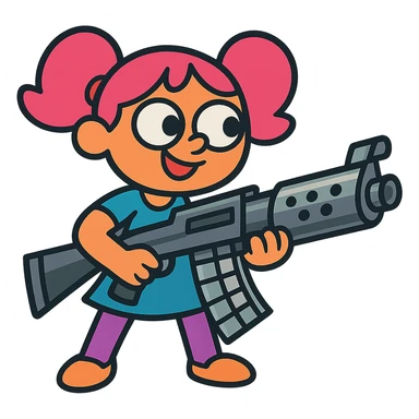 funny, positive stalker girl named Businka with a huge machine gun sticker