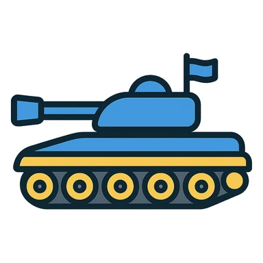 Ukrainian battle tank with blue and yellow camouflage, color outline icon style sticker